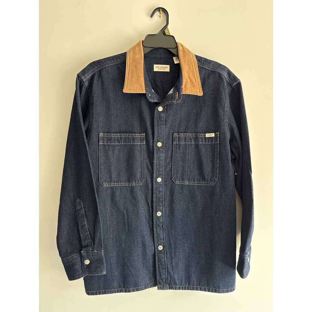 Levi Strauss Signature Shirt Jacket XL Blue Denim Corduroy Collar Workwear Chore